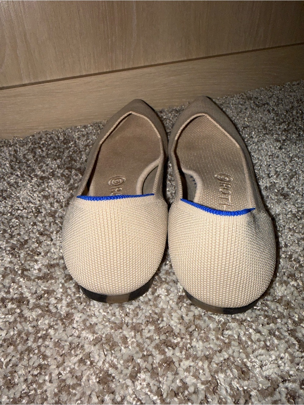 Rothy's Beige Pointed Knit Flats with Blue Trim - Picture 2 of 9